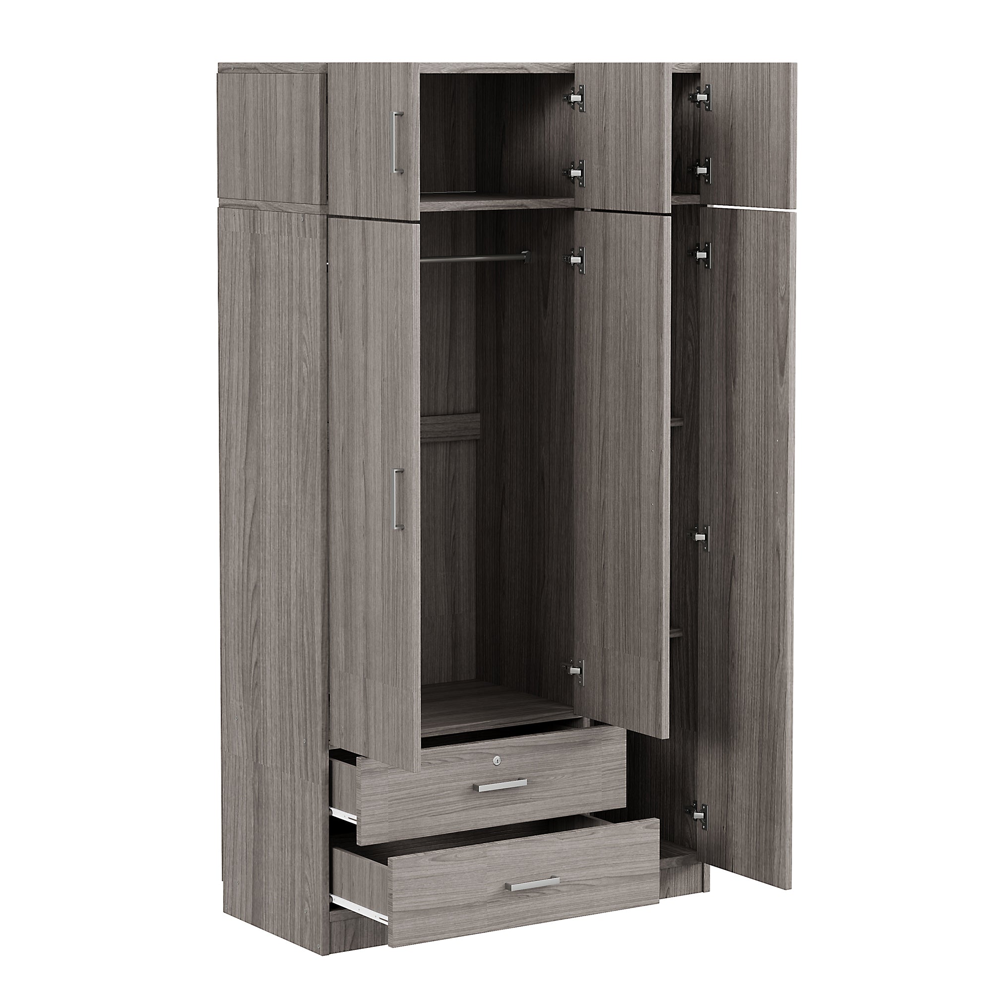 Modern Gray 3-Door Mirror Wardrobe with 2 Drawers and Top Cabinet, Particle Board - Grand Goldman Shop