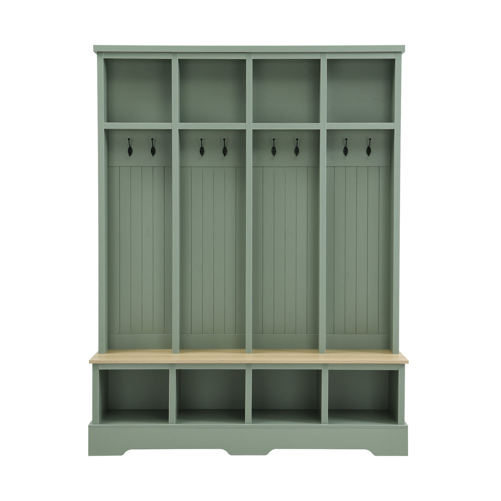 Farmhouse Hall Tree with 8 Hooks, Practical Entryway Bench with Open Compartments, 76.7'H Modern 3-in-1 Wooden Style Coat and Shoe Rack for Mudroom, Living Room, Mint Green (OLD SKU: N721P292601M) - Grand Goldman Shop