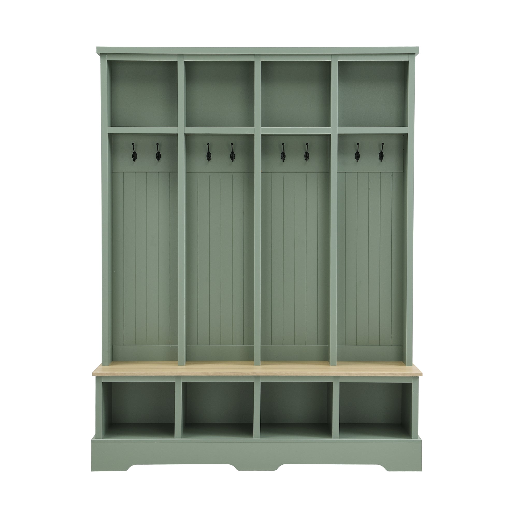 Farmhouse Hall Tree with 8 Hooks, Practical Entryway Bench with Open Compartments, 76.7'H Modern 3-in-1 Wooden Style Coat and Shoe Rack for Mudroom, Living Room, Mint Green (OLD SKU: N721P292601M) - Grand Goldman Shop