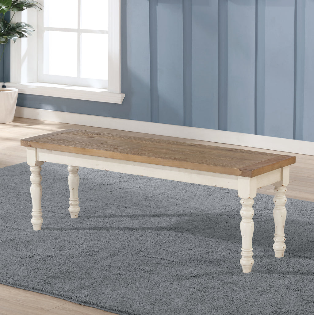 Prato Two-Tone Wood Upholstered Dining Bench, Antique White and Distressed Oak - Grand Goldman Shop