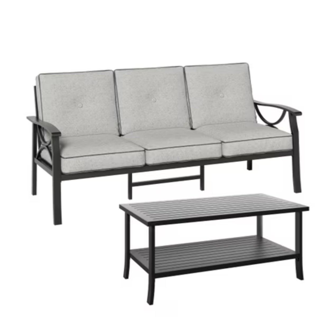 Modernes 2-teiliges Outdoor-Patiomöbelset mit 70" 3-Sitzer-Metallsofa und rechteckigem Couchtisch in Schwarz mit grauen Kissen