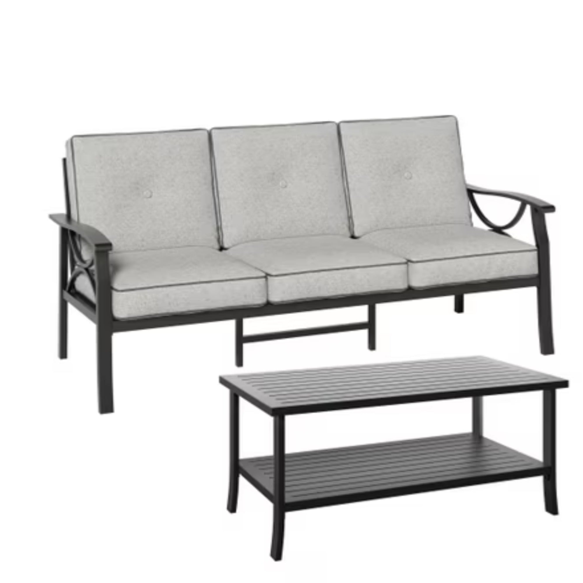 Modernes 2-teiliges Outdoor-Patiomöbelset mit 70" 3-Sitzer-Metallsofa und rechteckigem Couchtisch in Schwarz mit grauen Kissen