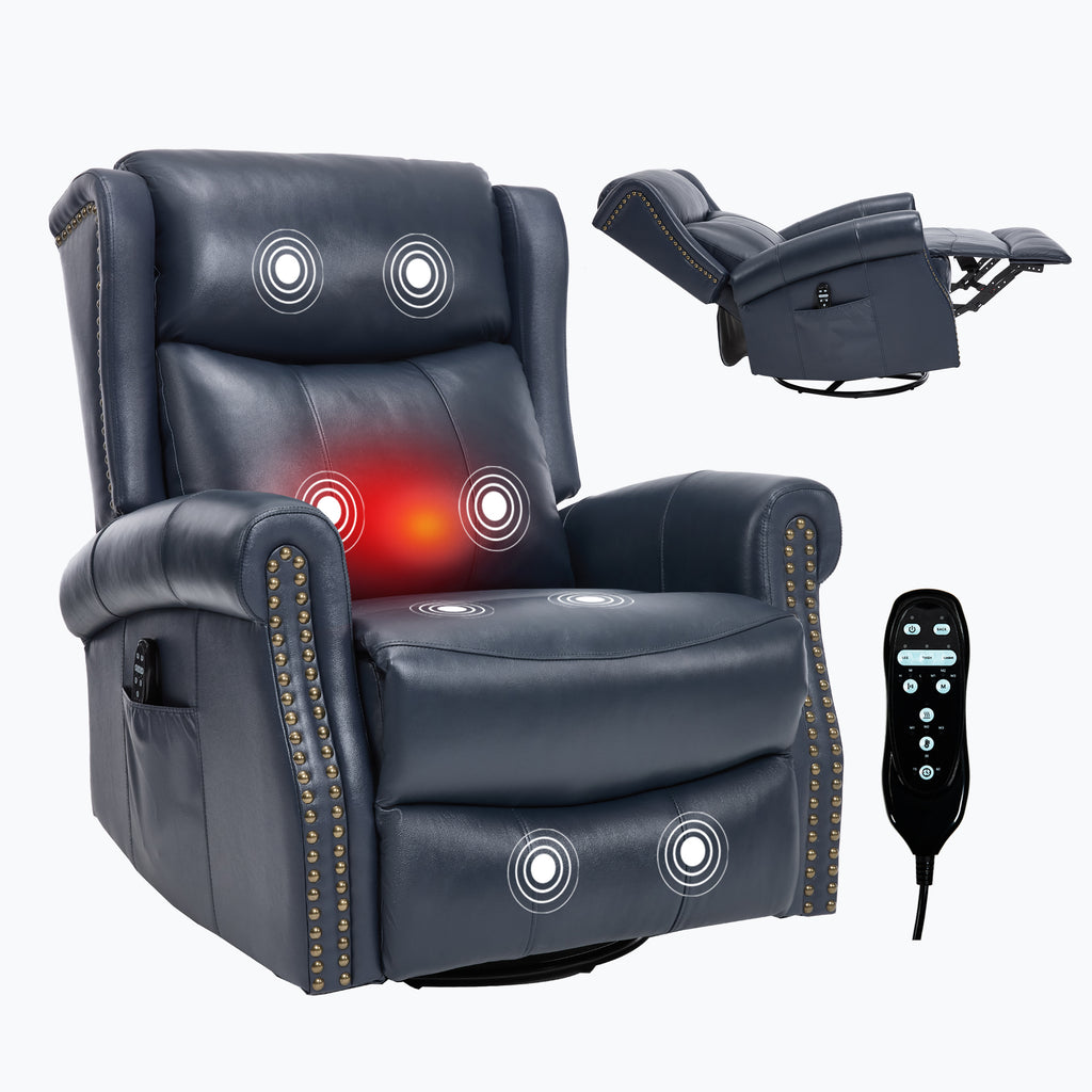 Heat Massage Manual Recliner Chair with Rocker and Swivel in Genuine leather for Living Room, Blue - Grand Goldman Shop