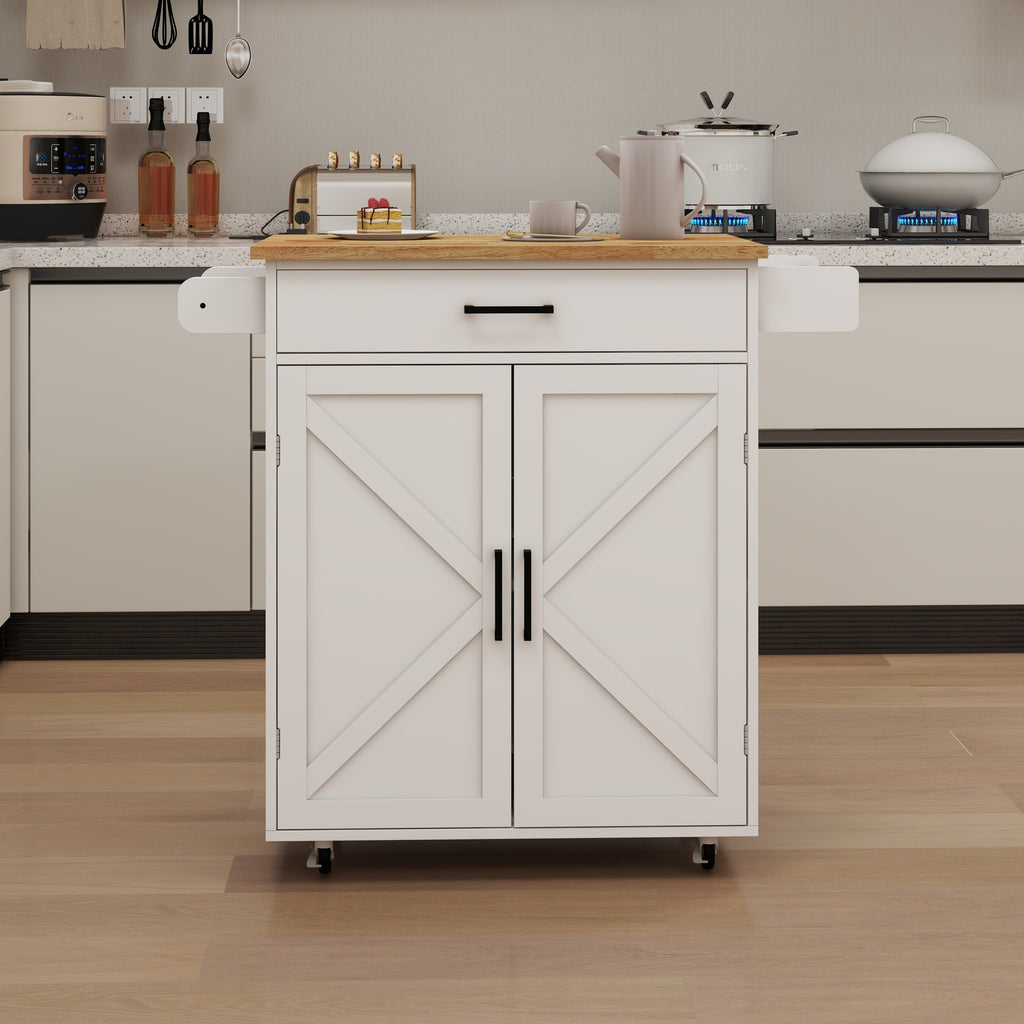 Kitchen island rolling trolley cart with Adjustable Shelves & towel rack & seasoning rack rubber wood table top-White - Grand Goldman Shop