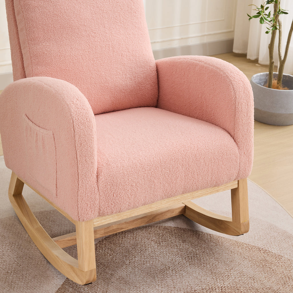 27.2'W Rocking Chair for Nursery, Sherpa Glider Chair with High Back and Side Pocket, Rocking Accent Armchair with Rubber Wood Legs for Living Room/Bedroom.Pink - Grand Goldman Shop
