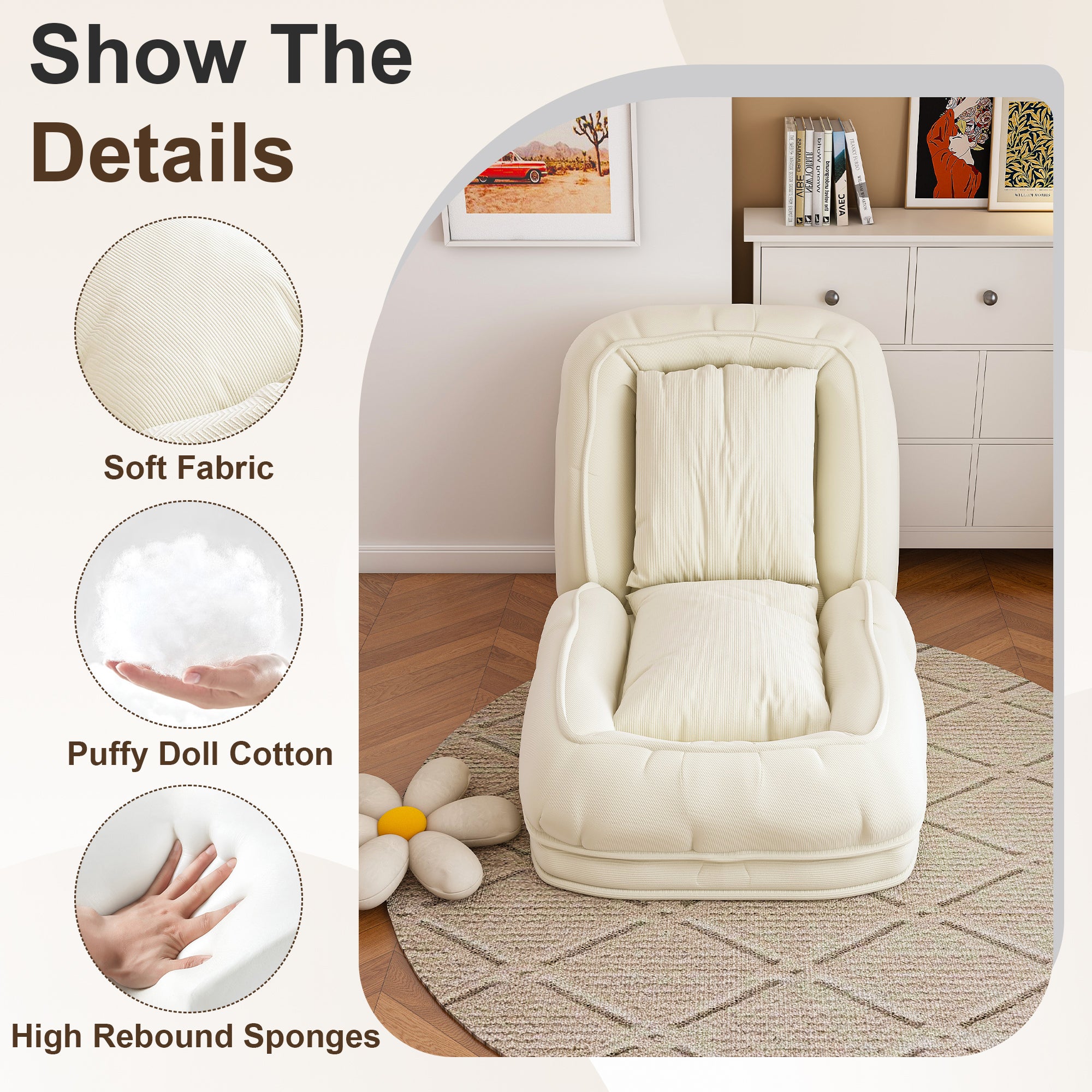 Upholstered Foldable Lazy Sofa Bed for Adults and Pets, Adjustable Recliner with 5 Positions, Off White Corduroy, 70.87 x 37.40 x 11.02 inches - Grand Goldman Shop