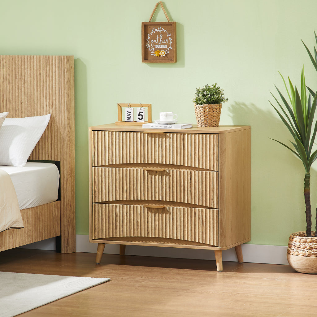 Fluted 3 Drawer Dresser Set of 2, Modern Tall Chest of Drawers with Vertical Grooved Design, Wood Storage Cabinet with Metal Handles for Bedroom Living Room, Oak. (23.6'W x 15'D x 30'H). - Grand Goldman Shop