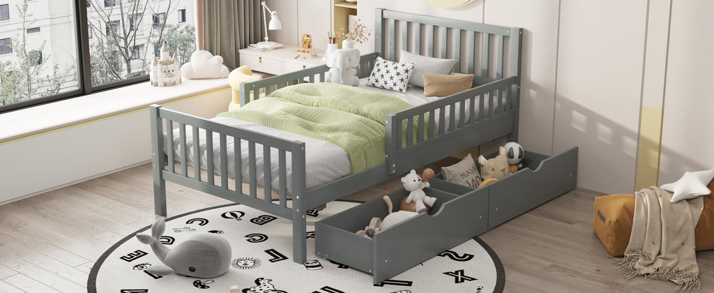 Twin Size Wood Platform Bed with Guardrails on Both Sides and Two Storage Drawers, Gray - Grand Goldman Shop