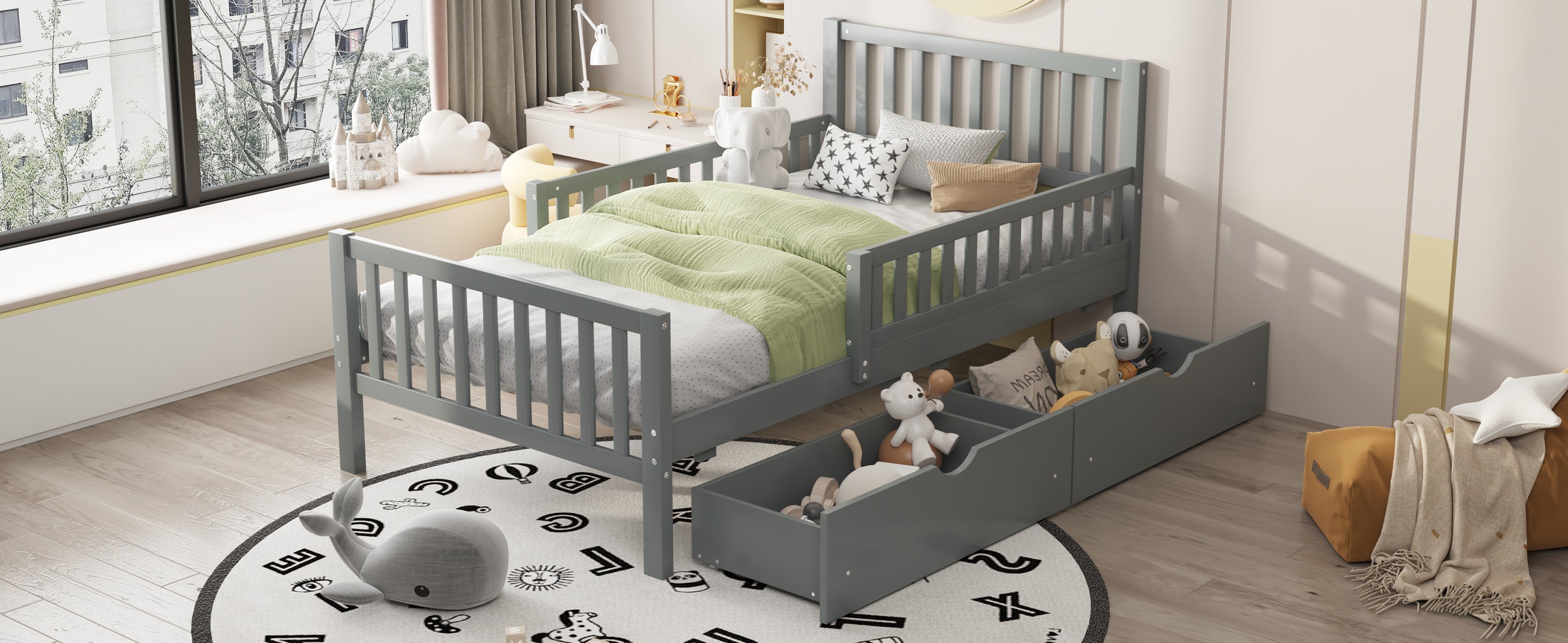 Twin Size Wood Platform Bed with Guardrails on Both Sides and Two Storage Drawers, Gray - Grand Goldman Shop