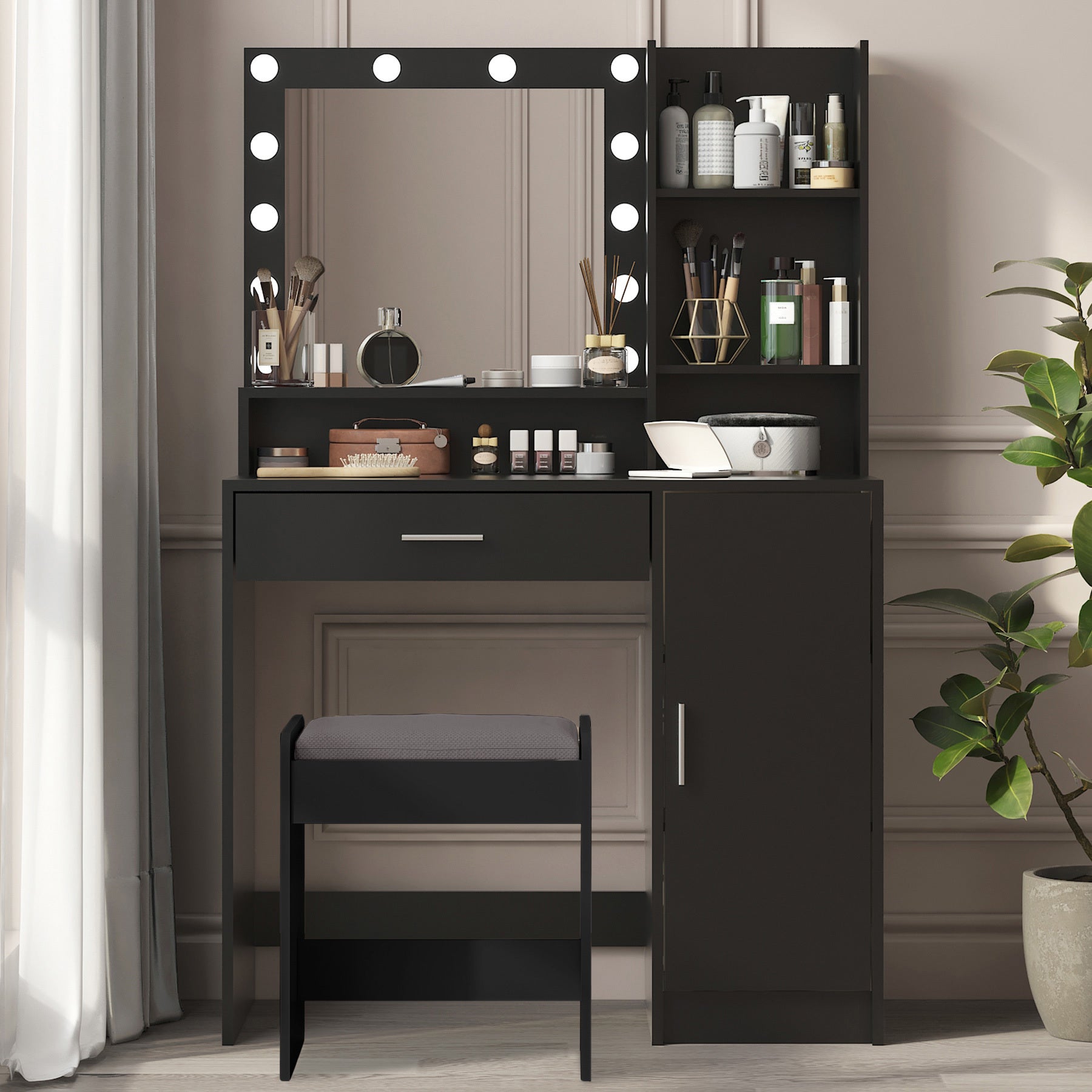 Vanity Desk with Mirror & Light, Large Drawer Three Level Storage Dresser, 3 Lighting Modes Adjustable Brightness, Bedroom Dressing Table(black) - Grand Goldman Shop