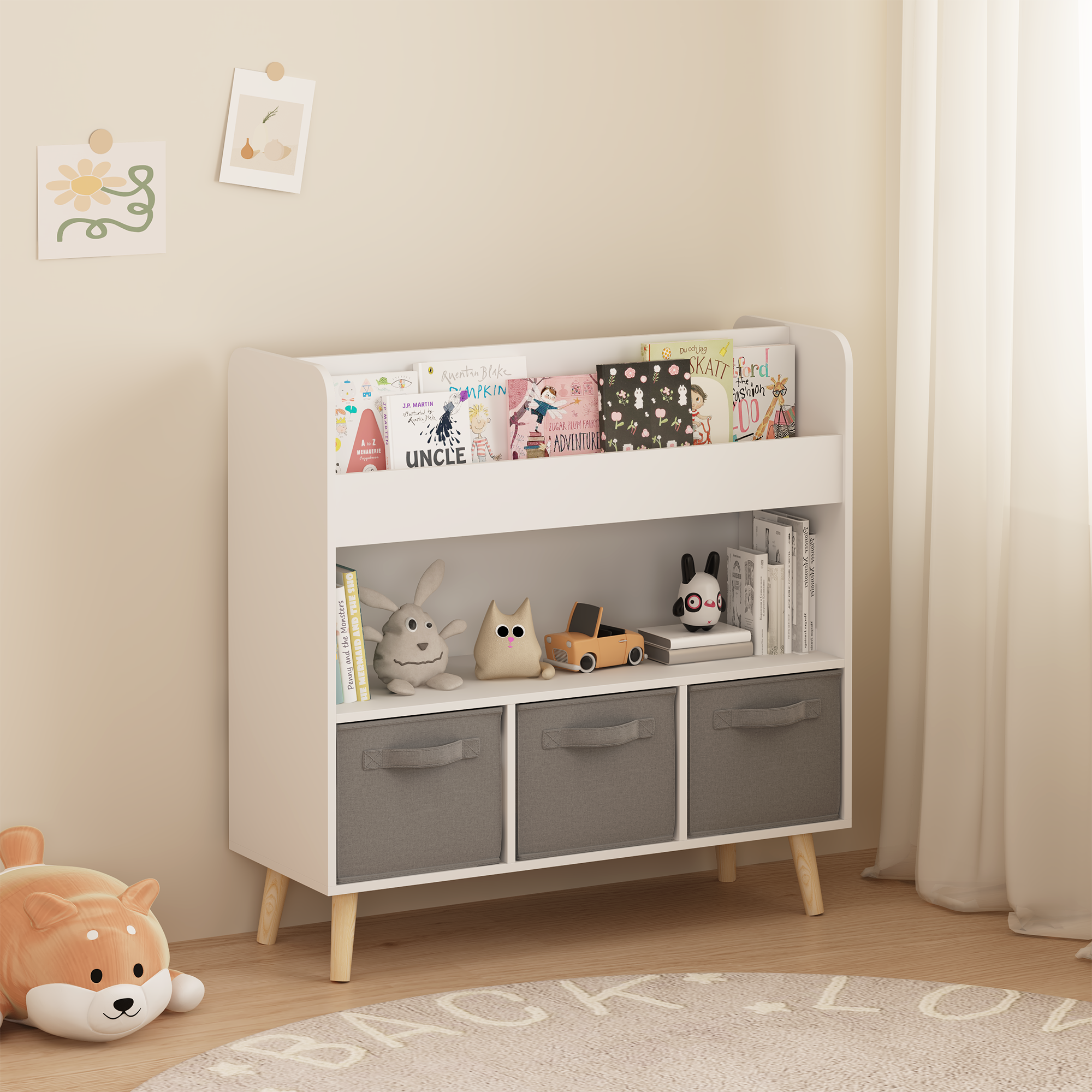 Kids Bookshelf with 3 Fabric Bins, Modern Children's Bookcase with Storage for Toys and Books, Toddler Book Organizer Shelf f