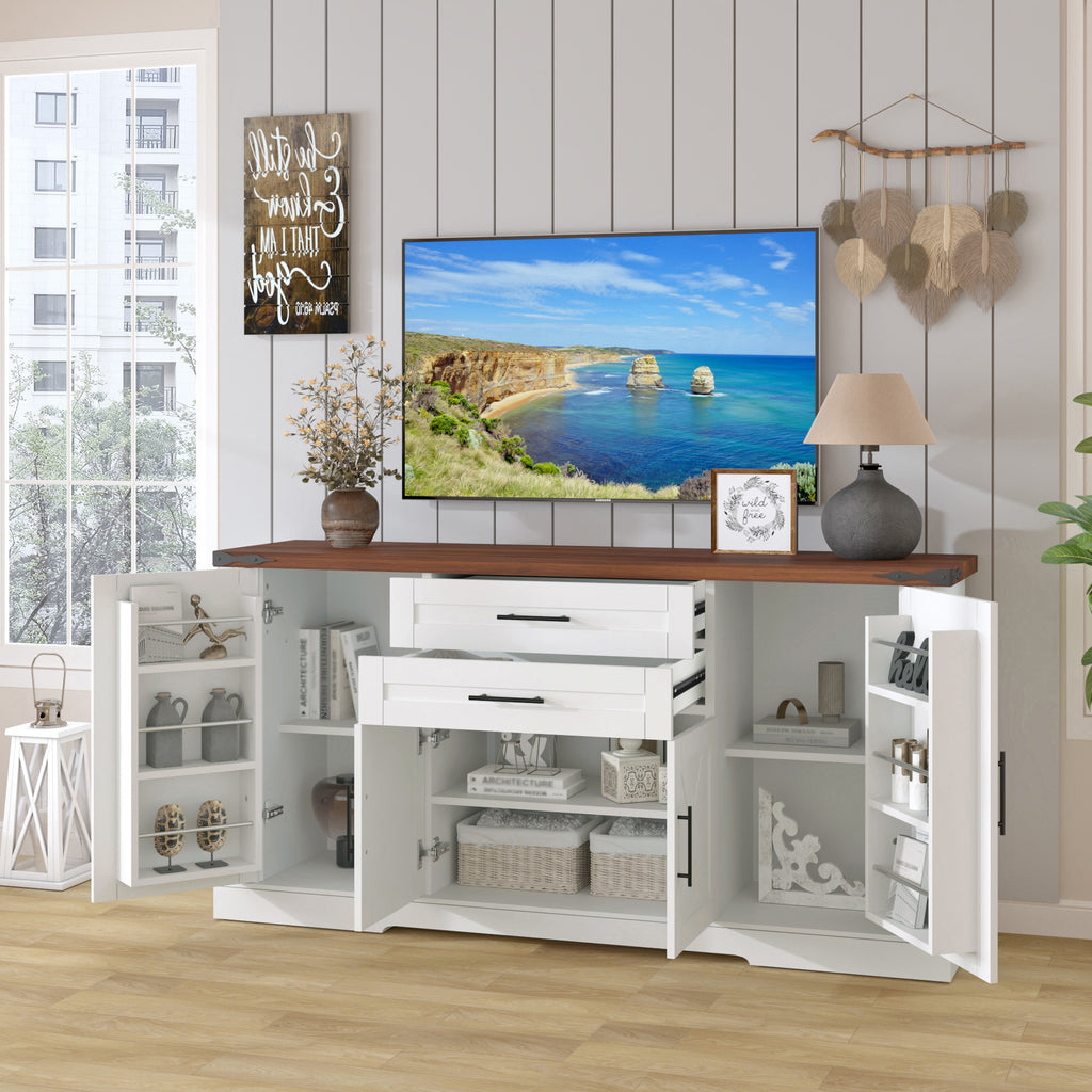 White Farmhouse Barn Door Storage Cabinet with 2 Drawers & Door Rack, Adjustable Shelves, MDF Construction, 63.11' L x 15.75' W x 32.09' H - Grand Goldman Shop