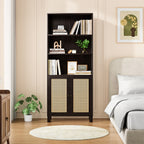 Tall Bookcase with Rattan Doors,5 Tier Storage Wood Shelves Large Bookshelf for Library Living Room Bedroom Home Office,Walnu