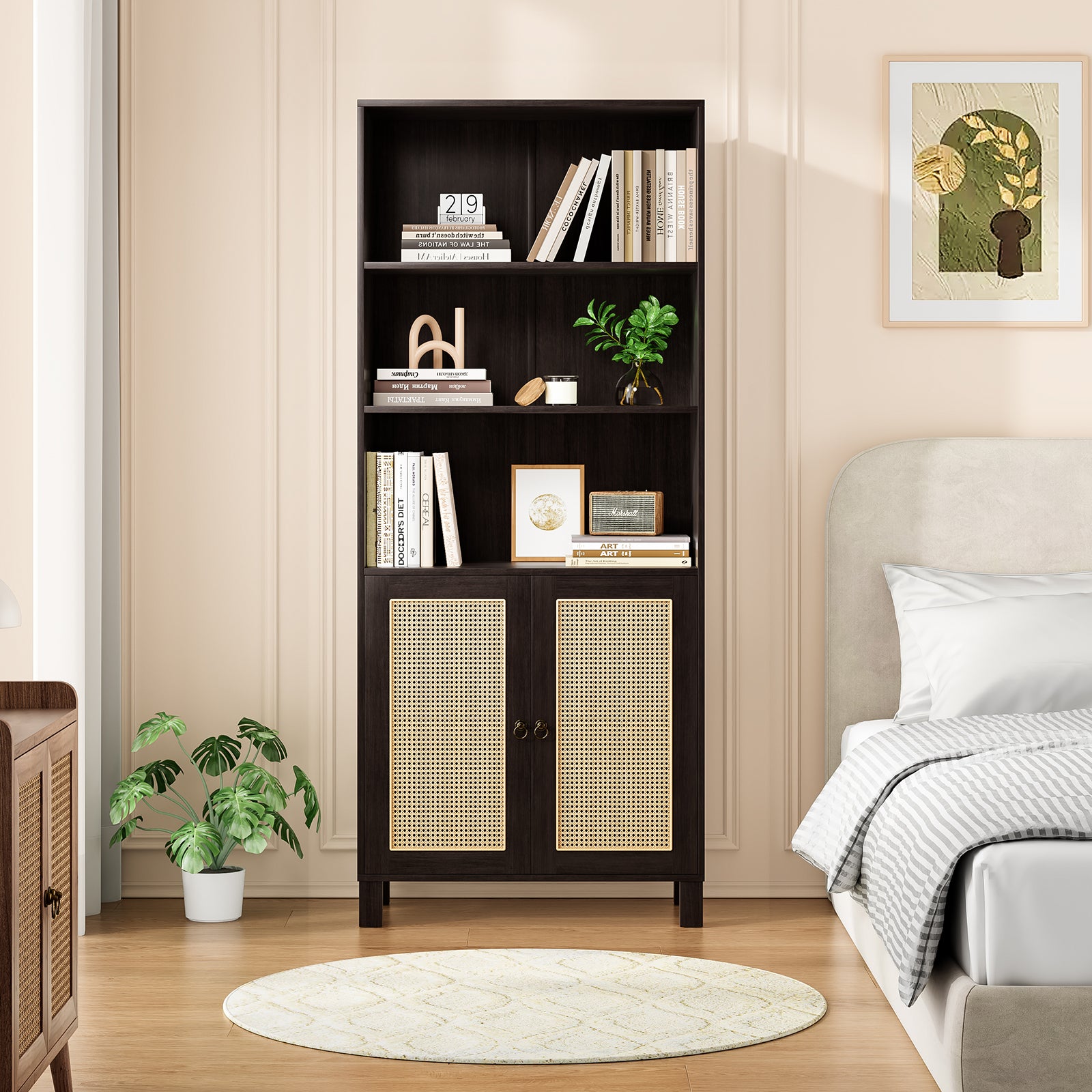 Tall Bookcase with Rattan Doors,5 Tier Storage Wood Shelves Large Bookshelf for Library Living Room Bedroom Home Office,Walnu