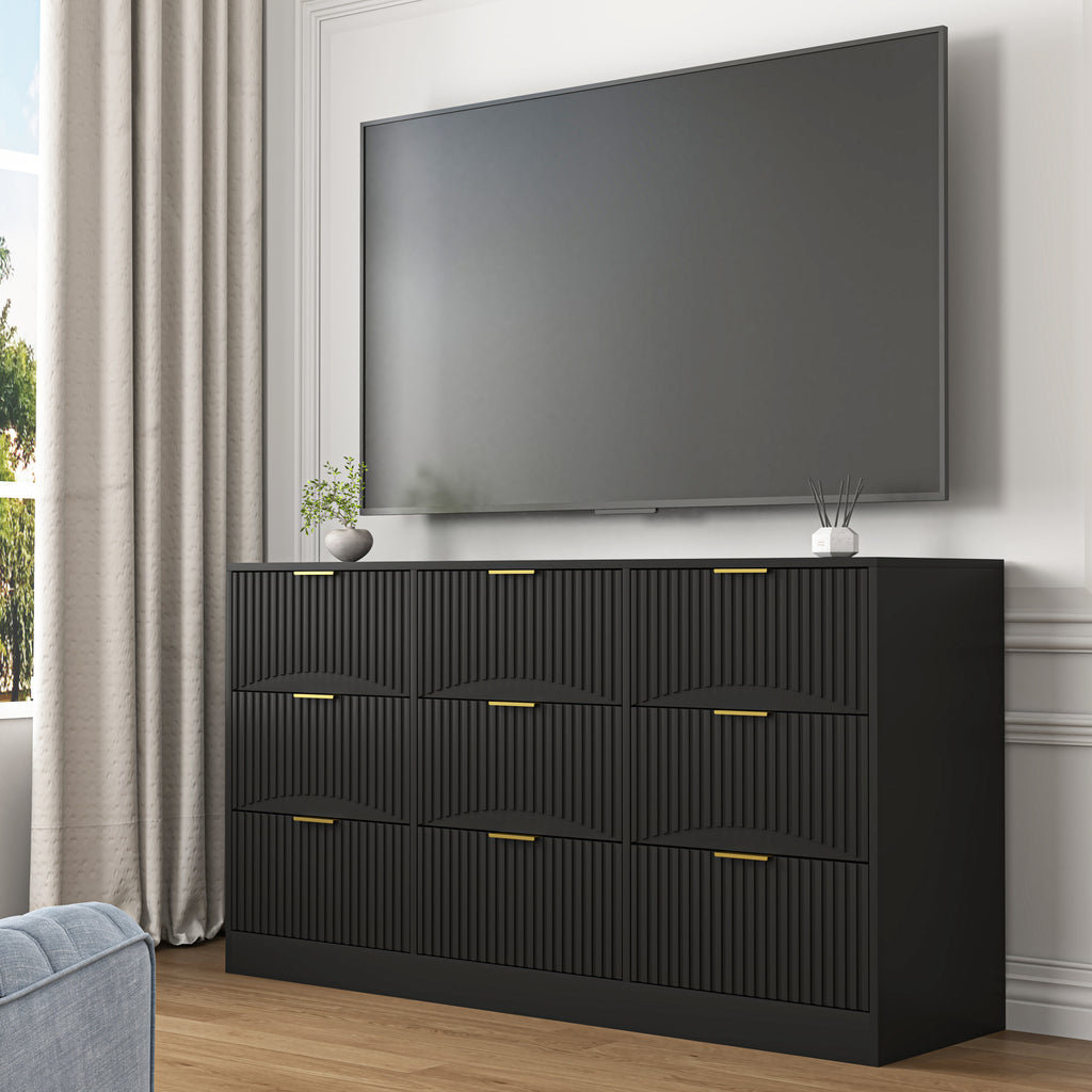 Black 9 Drawer Dresser, 63' Large Deep Chest of Drawers, Wooden Dresser Storage Cabinet with 9 Drawers for Bedroom, Long Dressers for Living Room, Hallway, Drawer panel with wavy patterns - Grand Goldman Shop