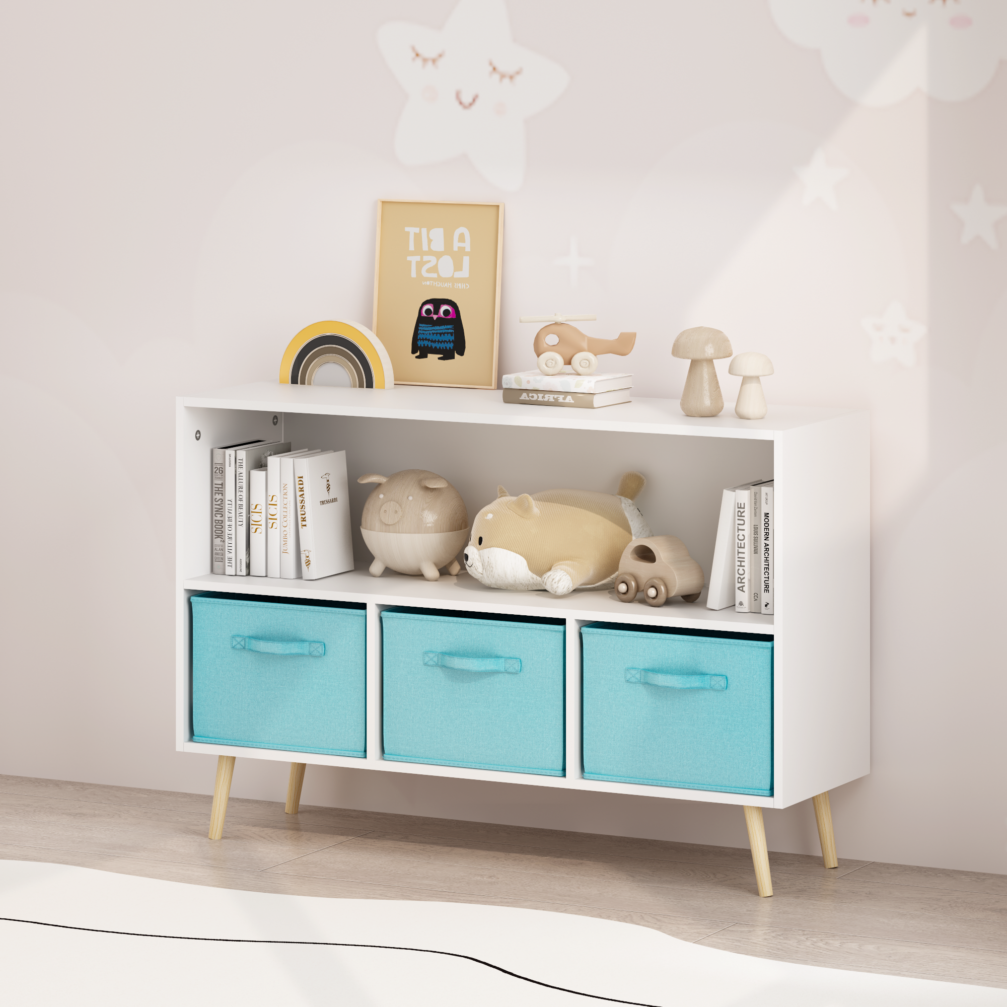 Kids bookcase with Collapsible Fabric Drawers, Children's Book Display, Toy Storage Cabinet Organizer, White/Blue - Grand Gol