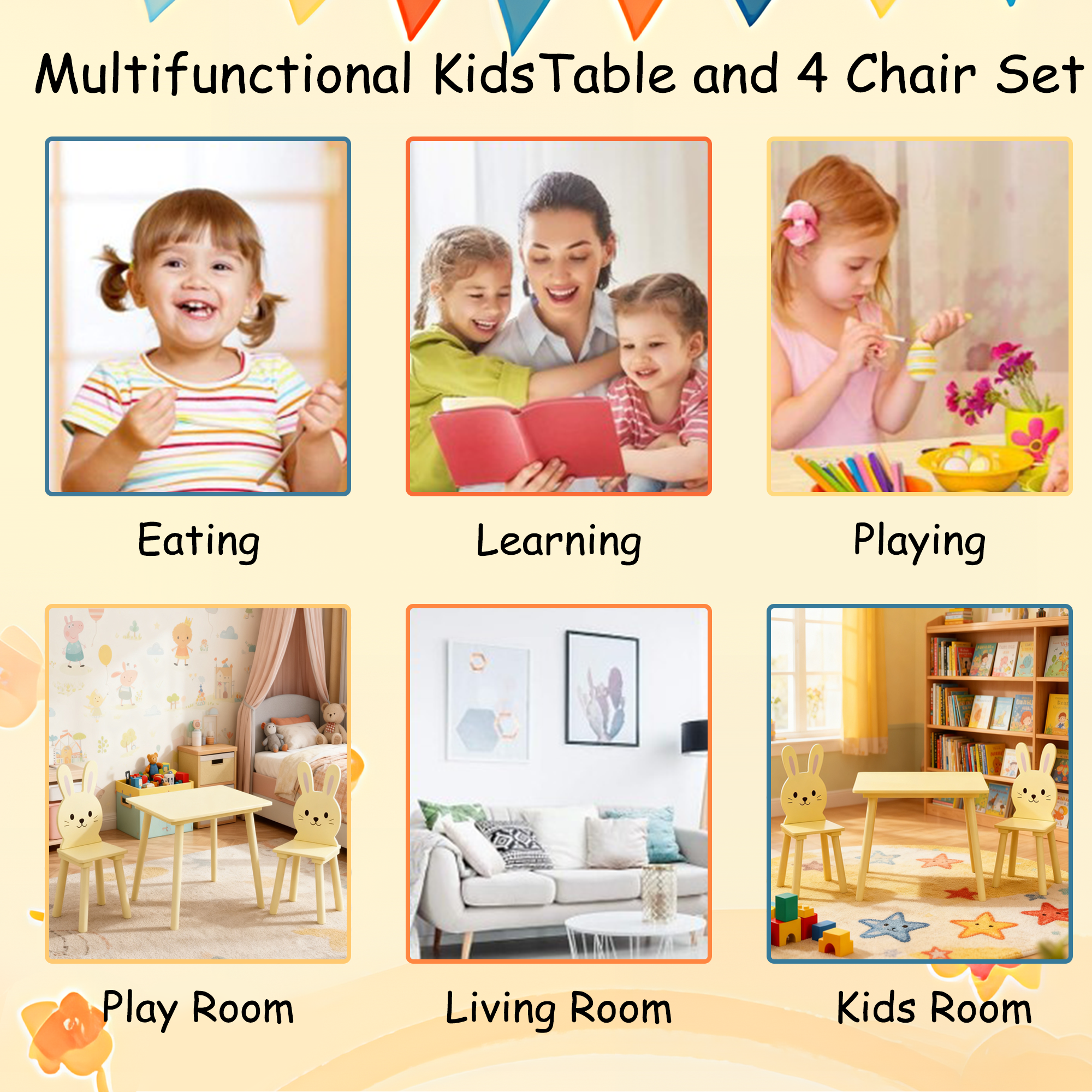 Kids Table and Chair Set with 2 Bunny Chairs, Children's Wooden Activity Table for Toddlers, Cute Animal Design Study Play Se