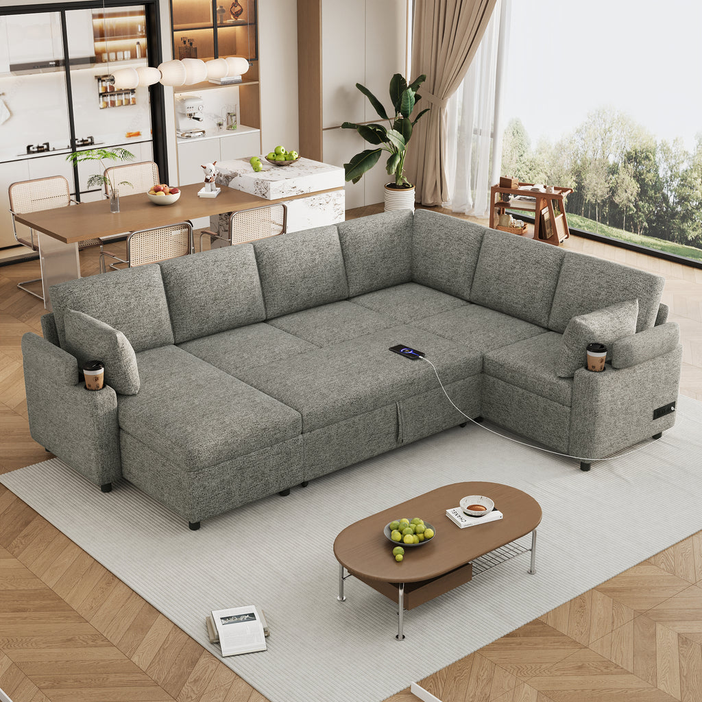 Versatile Light Grey Chenille Sectional Sofa Bed with Storage, Cup Holders & Charging Ports, 109.9' - Grand Goldman Shop