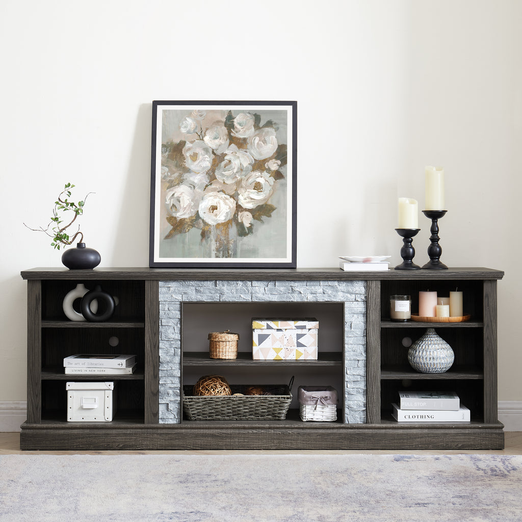 Large TV Stand TV Desk Storage Rack with Faux Stacked Stone Surround,Media Console Table with Large Storage Cabinet,Modern TV Media Entertaionment Stand,GREY, 70.12'W*15.35'D*25.83'H - Grand Goldman Shop