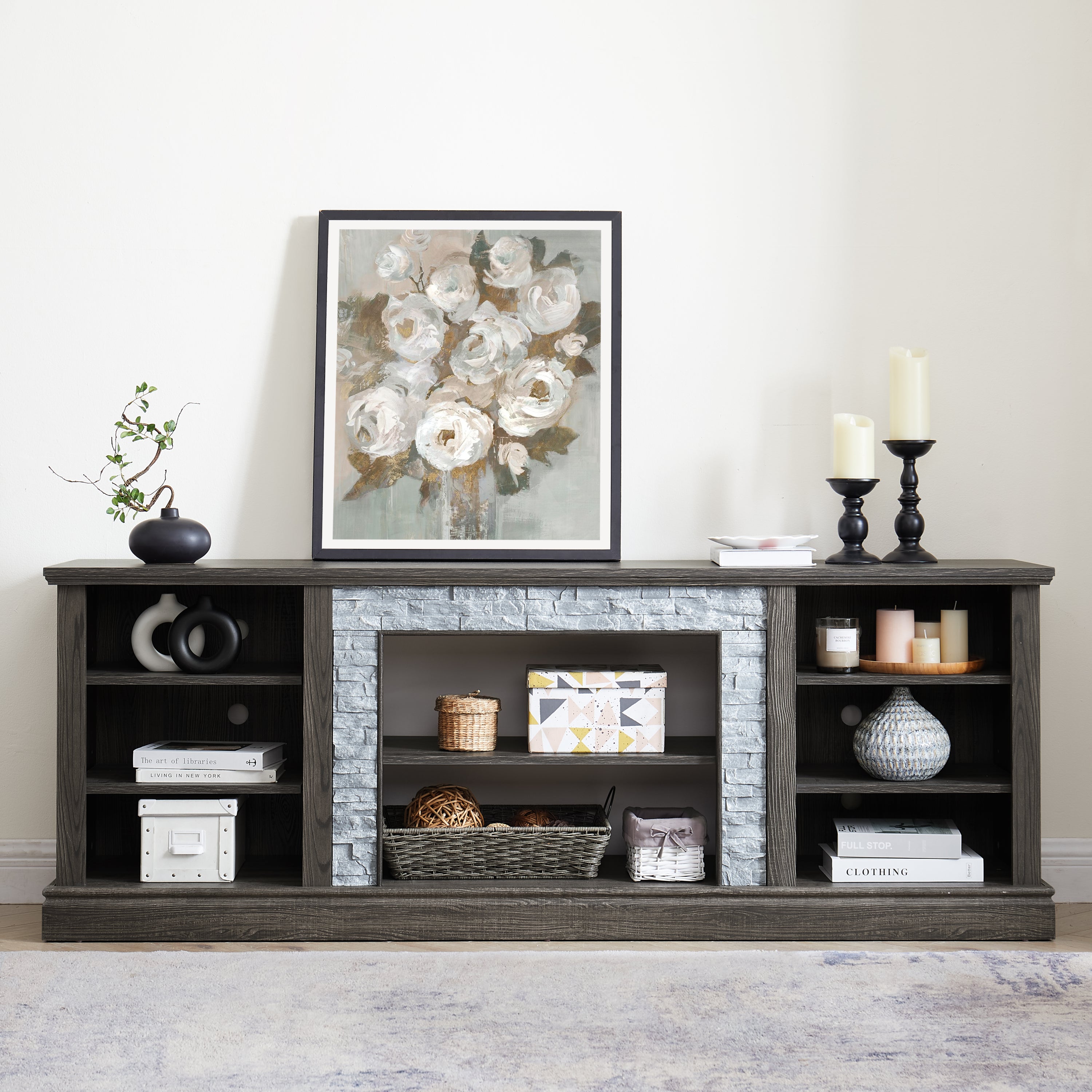 Large TV Stand TV Desk Storage Rack with Faux Stacked Stone Surround,Media Console Table with Large Storage Cabinet,Modern TV Media Entertaionment Stand,GREY, 70.12'W*15.35'D*25.83'H - Grand Goldman Shop