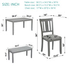 6PCs Kitchen Dining Set, Rectangular Wooden Dining Table with 4 Upholstered Chairs and a Bench, Dining Table Set for 6 People, Living Room, Home Bar and Kitchen, Gray - Grand Goldman Shop