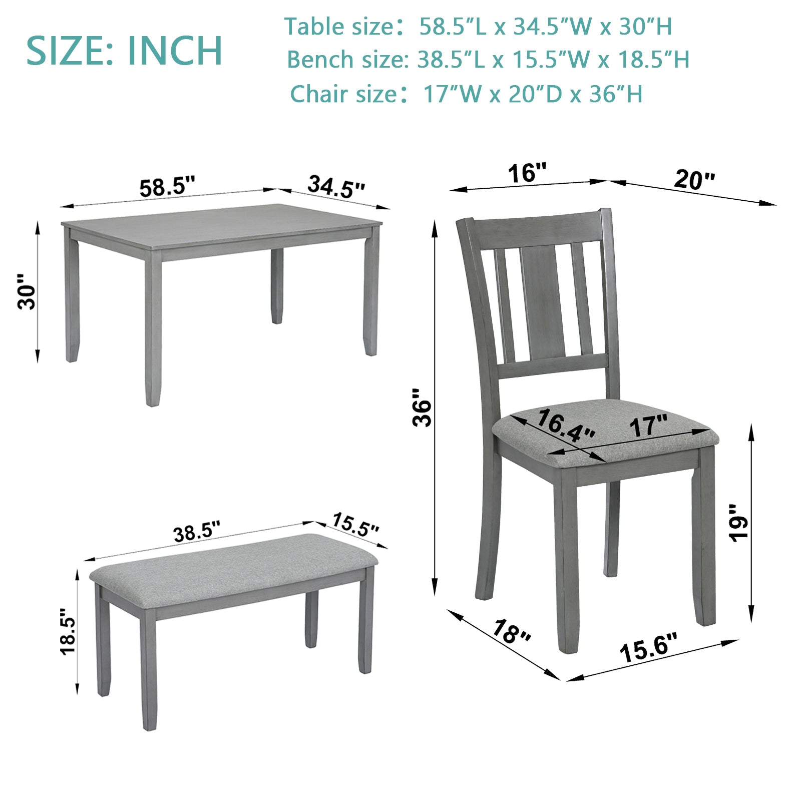 6PCs Kitchen Dining Set, Rectangular Wooden Dining Table with 4 Upholstered Chairs and a Bench, Dining Table Set for 6 People, Living Room, Home Bar and Kitchen, Gray - Grand Goldman Shop
