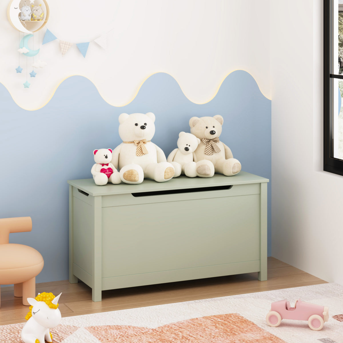 Kids Wooden Toy Box Storage with Safety Hinged Lid for Ages 2+ (Sage) | Premium Home Decor - Grand Goldman