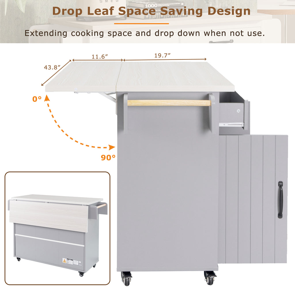 K&K Kitchen Island with Trash Can Storage Cabinet, Kitchen Cart with Drop Leaf, Spice Rack, Towel Rack and Drawer, Rolling Kitchen Island on Wheels with Adjustable Shelf, Grey - Grand Goldman Shop