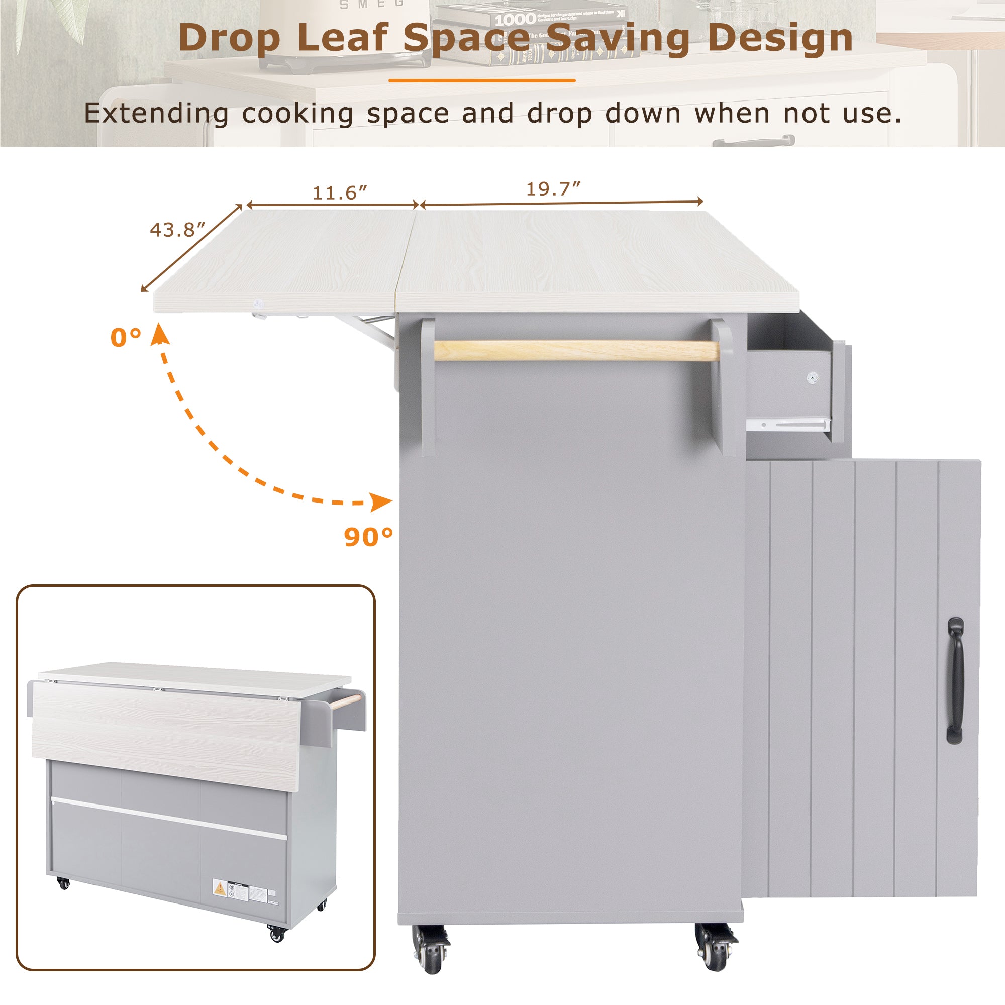 K&K Kitchen Island with Trash Can Storage Cabinet, Kitchen Cart with Drop Leaf, Spice Rack, Towel Rack and Drawer, Rolling Kitchen Island on Wheels with Adjustable Shelf, Grey - Grand Goldman Shop