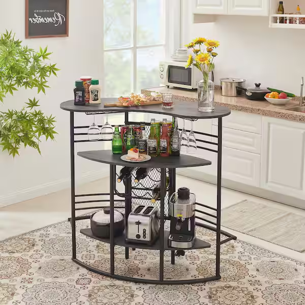 Oval Bar Table with Wood Counter Top and Wine Rack Storage, Wine Bakers Rack for Dining Room, Gray - Grand Goldman Shop