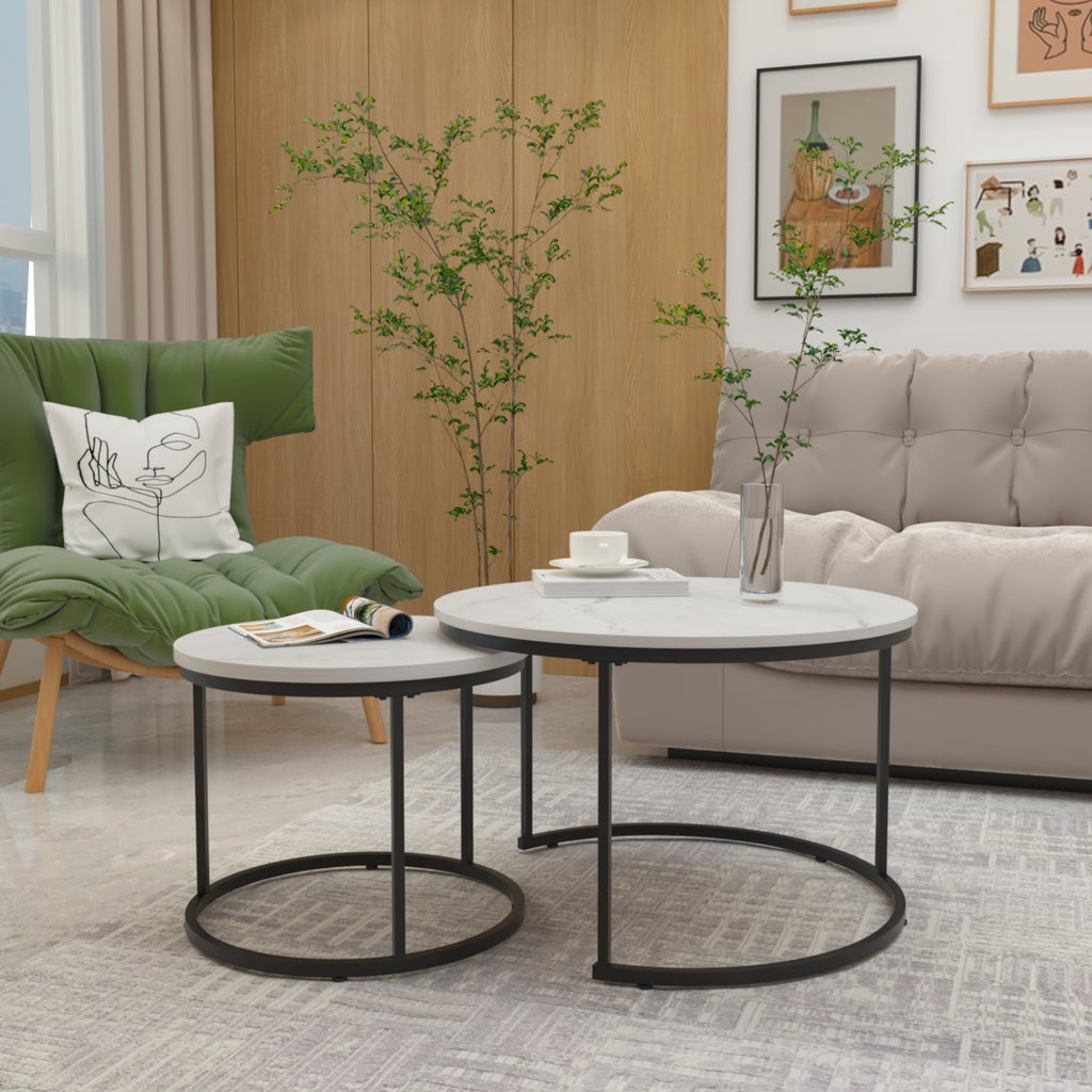 Nesting Coffee Table Set of 2, 27.6inch Round Wood Marble Pattern Top with Sturdy Metal Frame, White Living Room End Tables for Bedroom Balcony Yard - Grand Goldman Shop