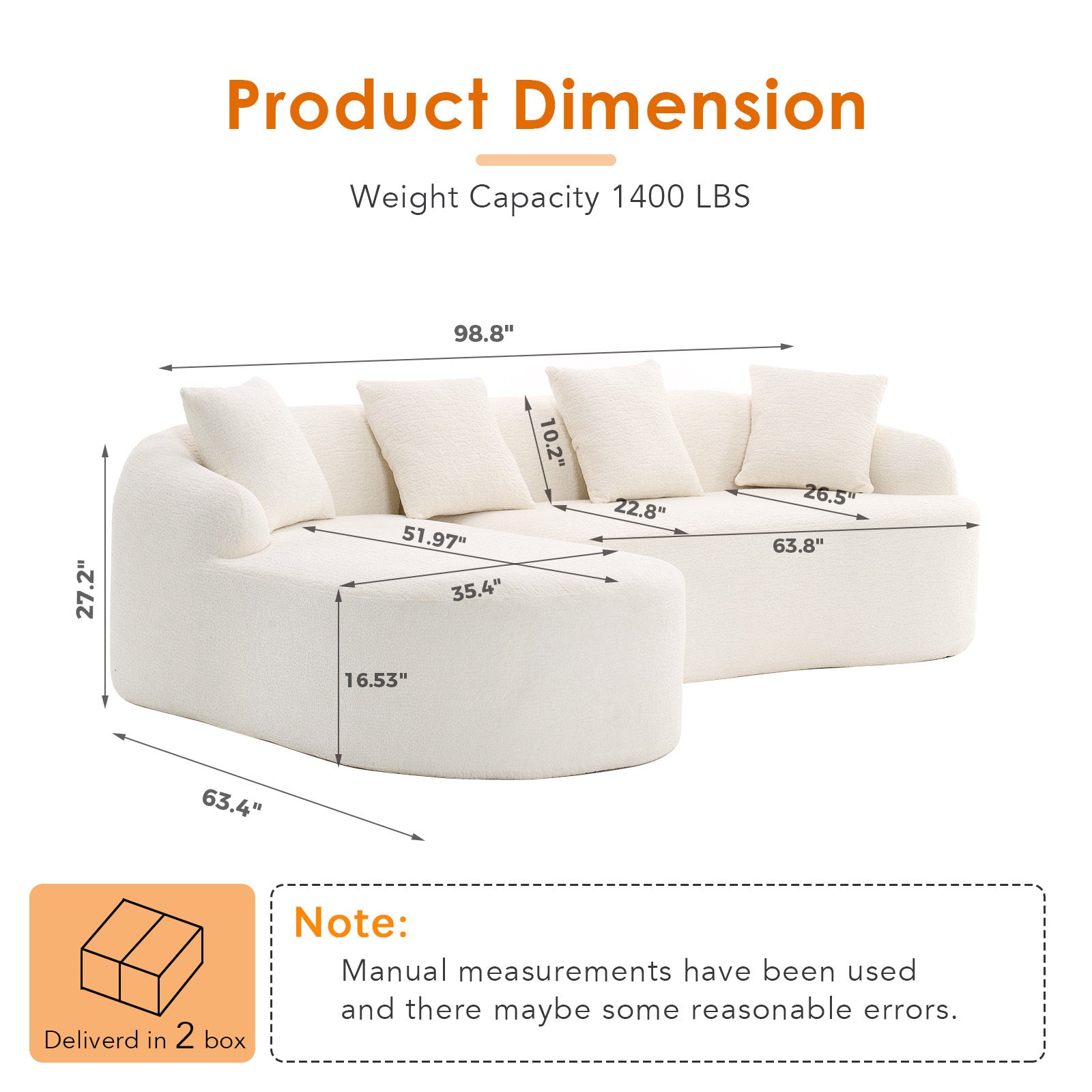 Boneless L-Shape Sectional Sofa with Curved Chaise,White Modular Chenille Compression Couch,30D High-Density Foam,Minimalist Modular Couches Sleeper for Living Room Bedroom Apartment Lounge. - Grand Goldman Shop