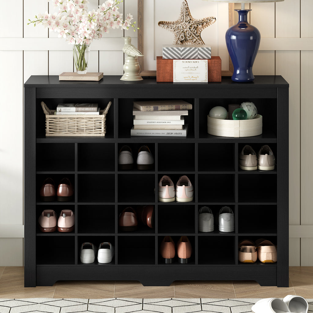 ON-TREND Sleek Design 24 Shoe Cubby Console, Modern Shoe Cabinet with Curved Base, Versatile Sideboard with High-quality for Hallway, Bedroom, Living Room, Black - Grand Goldman Shop