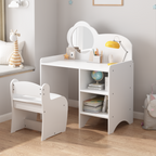 Kids Vanity Table with Mirror and Chair, Wooden Children's Dressing Makeup Desk with Storage Shelves, Study and Activity Tabl