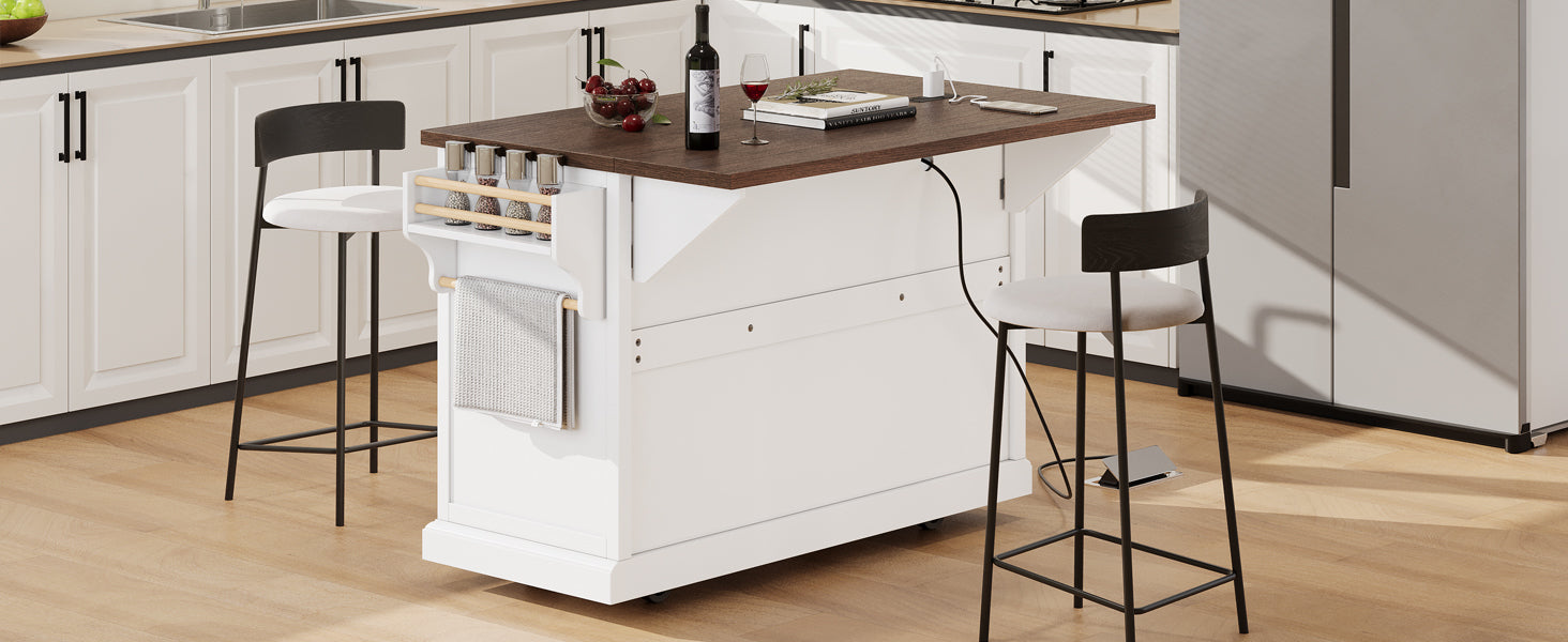 K&K 54.9' Kitchen Island with Drop Leaf, Power Outlet, Kitchen Storage Cart with 4 Door Shelves, Cross Barn Doors & Visual Glass Door, Rolling Kitchen Island on 4 Wheels for Kitchen, Dining Room,White - Grand Goldman Shop