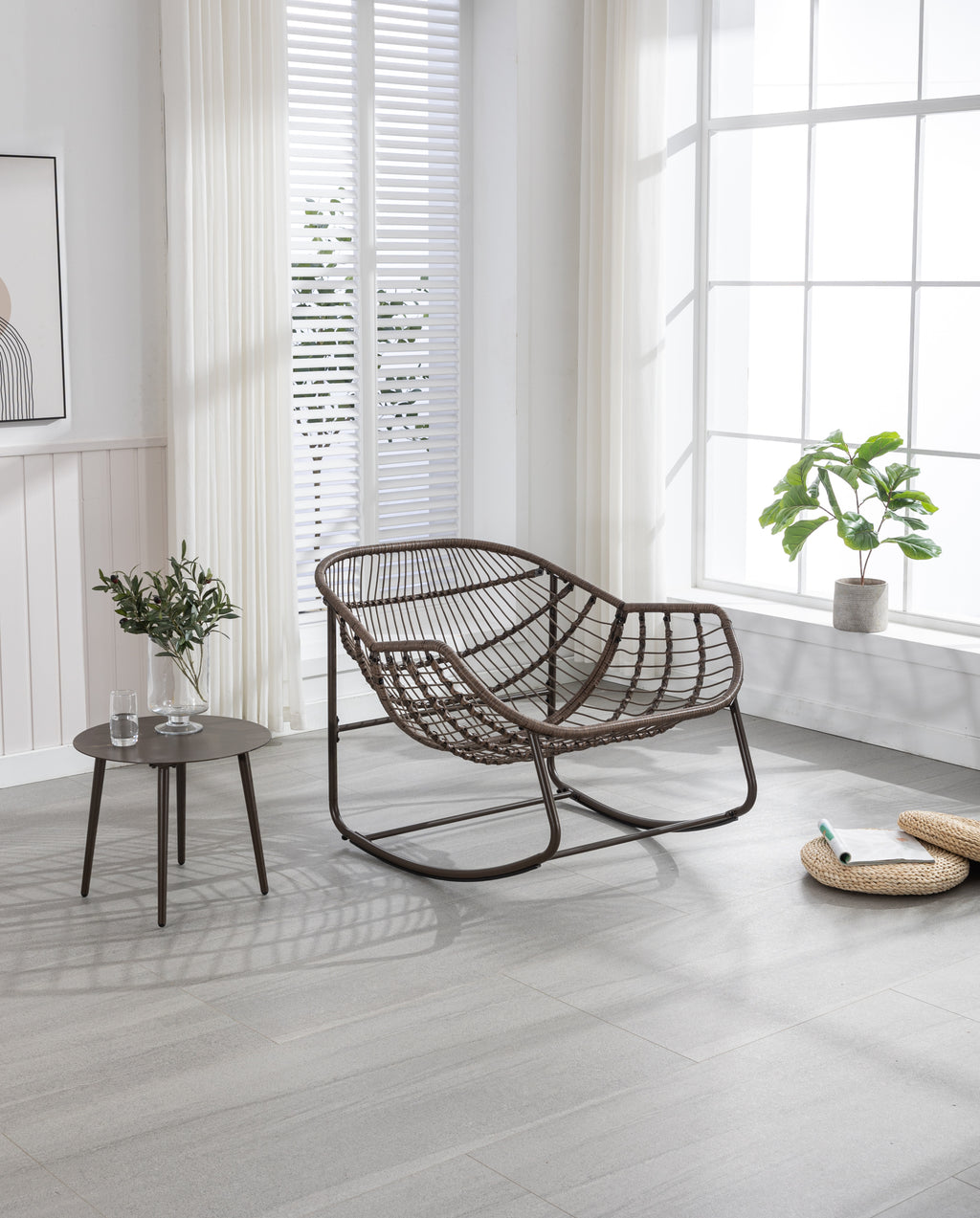 Outdoor Rattan Rocking Chair,Padded Cushion Rocker Recliner Chair Outdoor for Front Porch, Living Room, Patio, Garden, Grey - Grand Goldman Shop