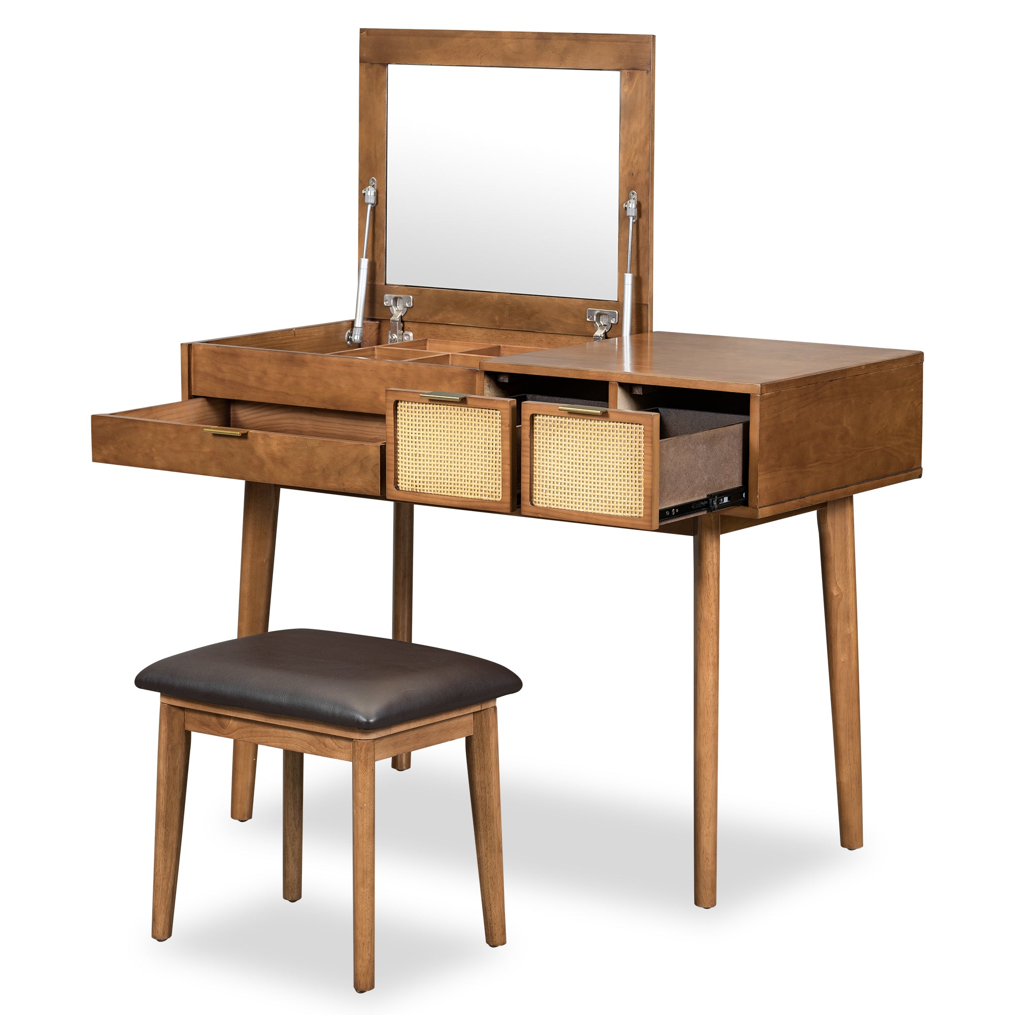 43.3' Classic Wood Makeup Vanity Set with Flip-top Mirror and Stool, Dressing Table with Three Drawers and storage space, Brown - Grand Goldman Shop