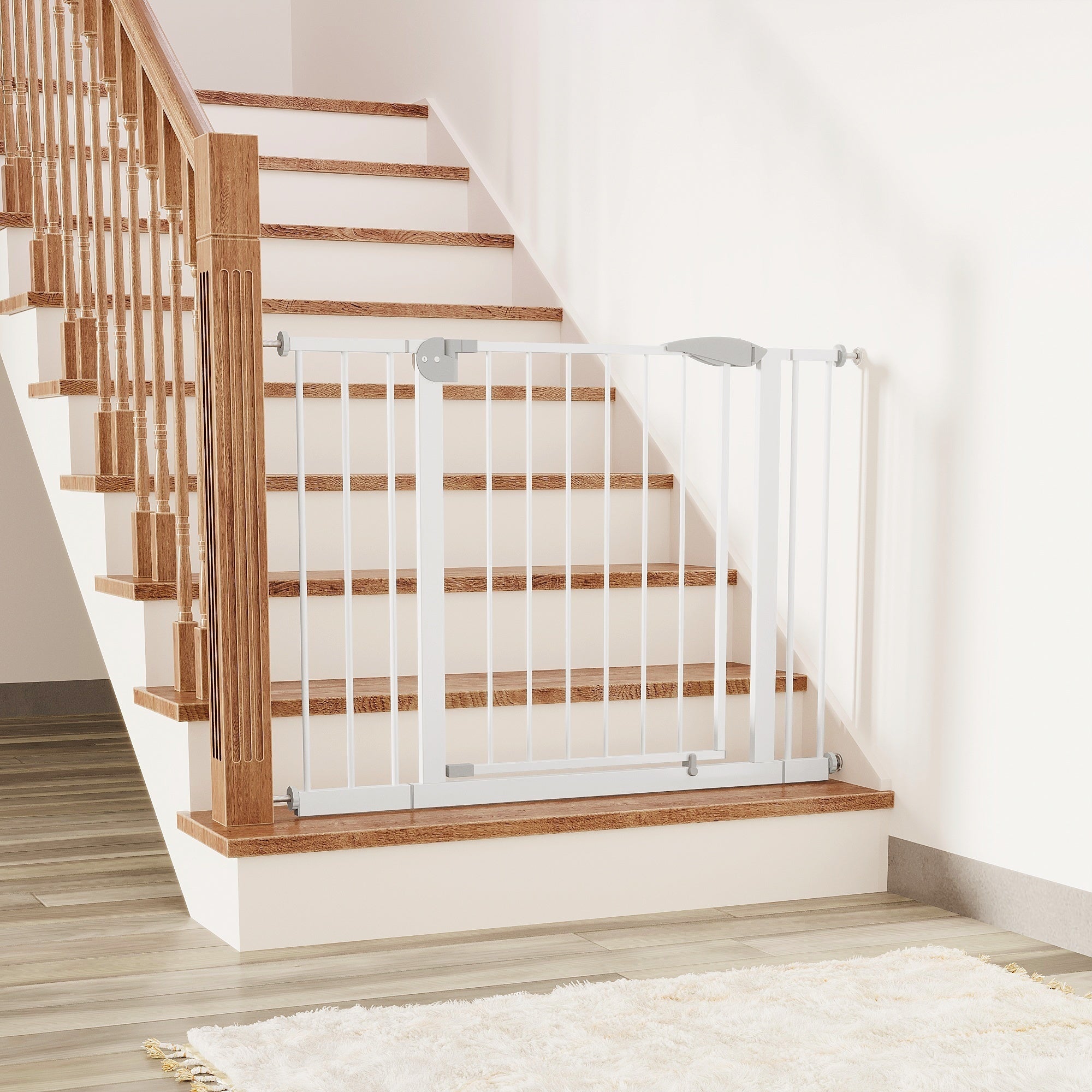 White Pressure-Mounted Baby Gate for Stairs, 29.5-44.1' Wide, Steel and ABS Construction, Easy Walk-Through Design for Kids a