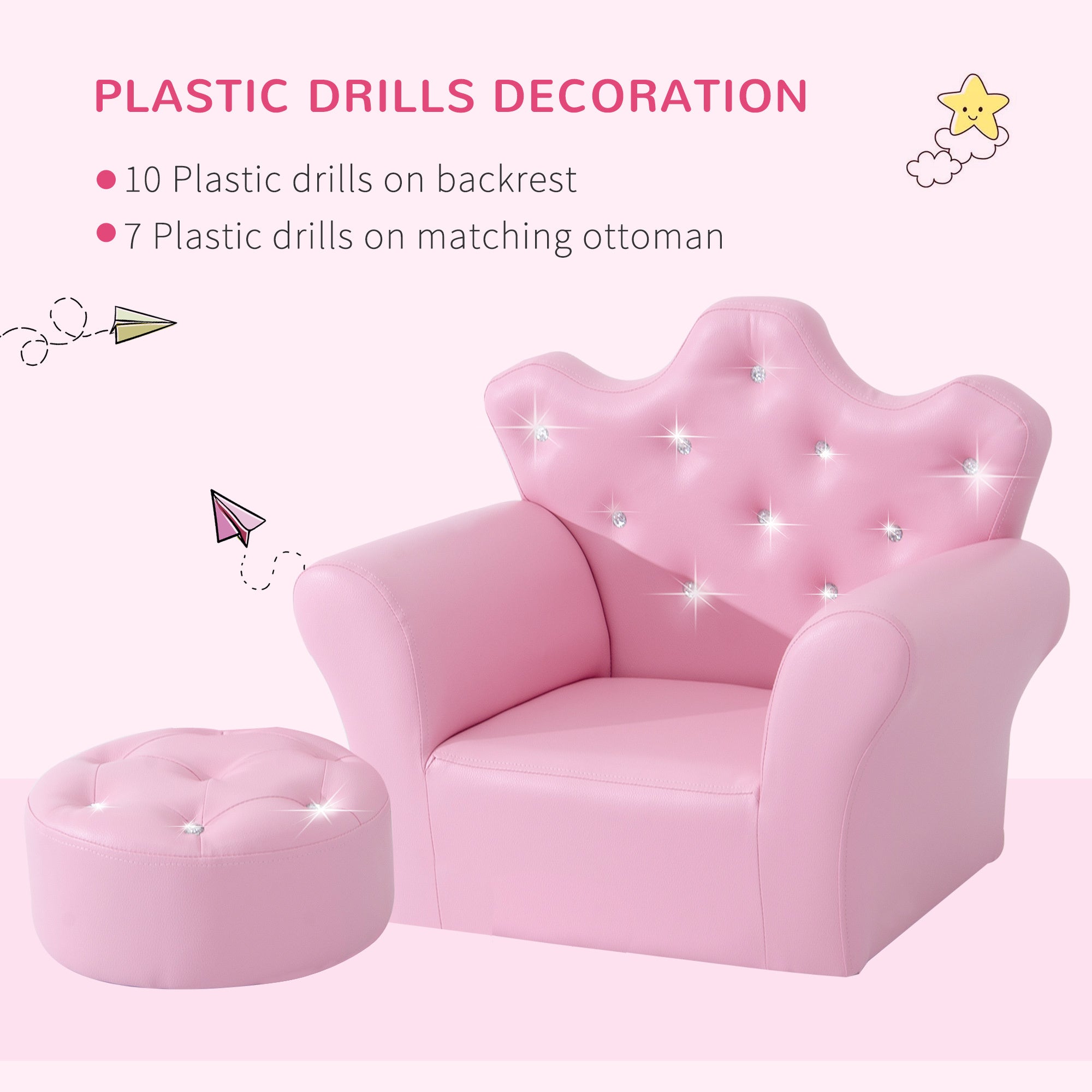 Kids Sofa Set, Children's Upholstered Sofa with Footstool, Princess Sofa with Diamond Decorations, Baby Sofa Chair for Toddle