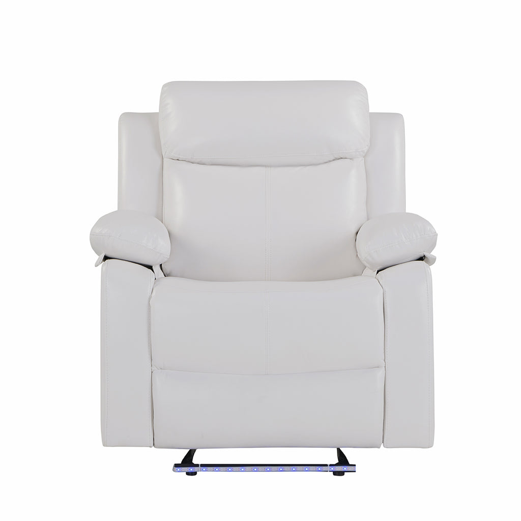 Blanche White 3PC Reclining Sofa and Loveseat with LED Lights, Speaker, Wood Frame, Medium Firm Seating, White - Grand Goldman Shop