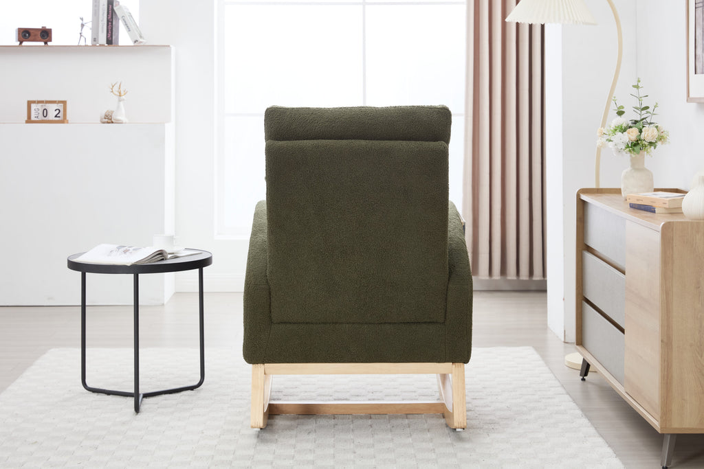 015B-Teddy Fabric Leisure Rocking Chair,Nursery Rocking Chair With Adjustable Footstool,Thickened Headrest And High Backrest, Storage Pocket On The Right Side,The Base Rocker Is Solid Wood,Green - Grand Goldman Shop