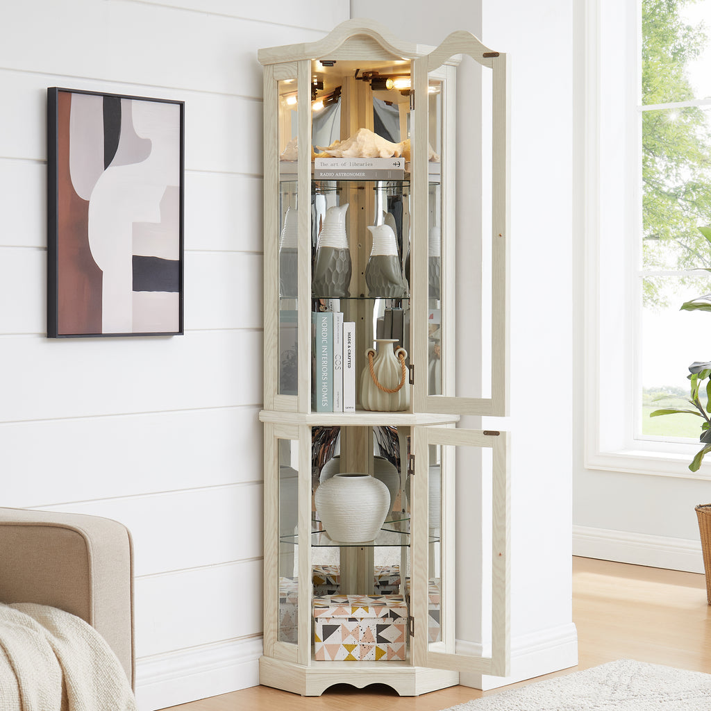 Curio Cabinet Lighted Glass Display Curio Cabinet w/Tempered Glass Doors and Shelves, Crown Corner Cabinet with Bulb, Corner Storage Decoration for Living room and Bedroom WHI - Grand Goldman Shop