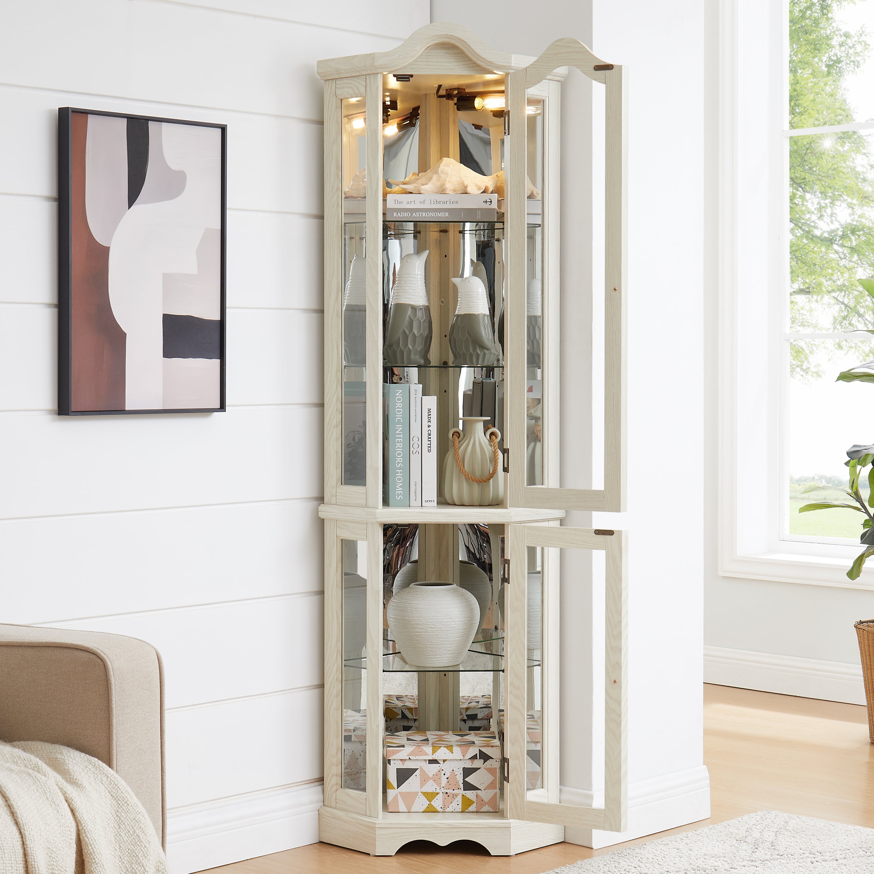 Curio Cabinet Lighted Glass Display Curio Cabinet w/Tempered Glass Doors and Shelves, Crown Corner Cabinet with Bulb, Corner Storage Decoration for Living room and Bedroom WHI - Grand Goldman Shop