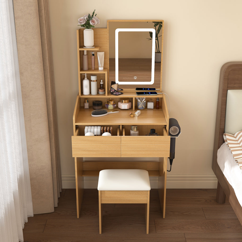 Modern Wood Vanity Table with LED Mirror, Power Outlet, Hairdryer Holder & Padded Stool – Compact Dressing Desk for Small Bedrooms - Grand Goldman Shop