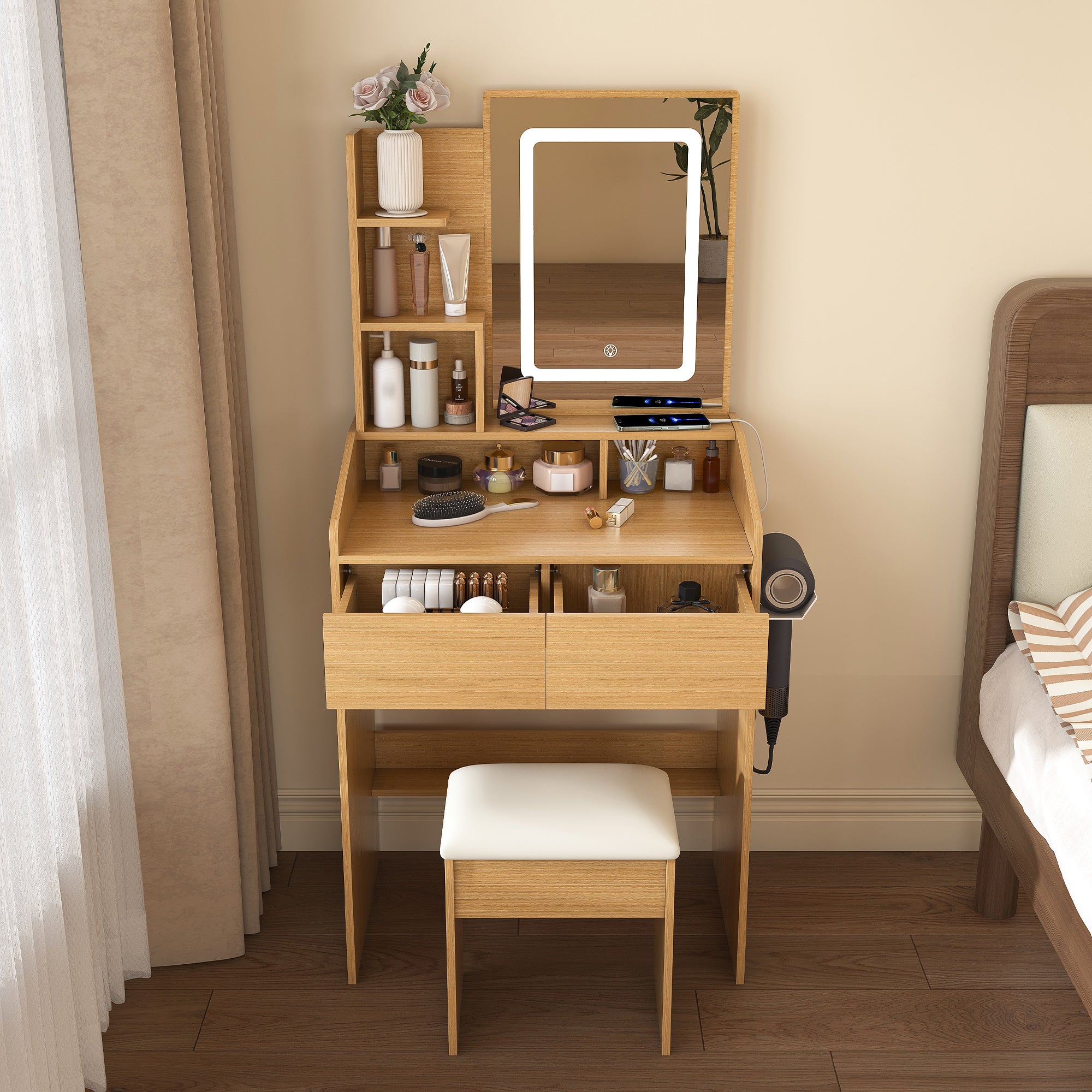 Modern Wood Vanity Table with LED Mirror, Power Outlet, Hairdryer Holder & Padded Stool – Compact Dressing Desk for Small Bedrooms - Grand Goldman Shop