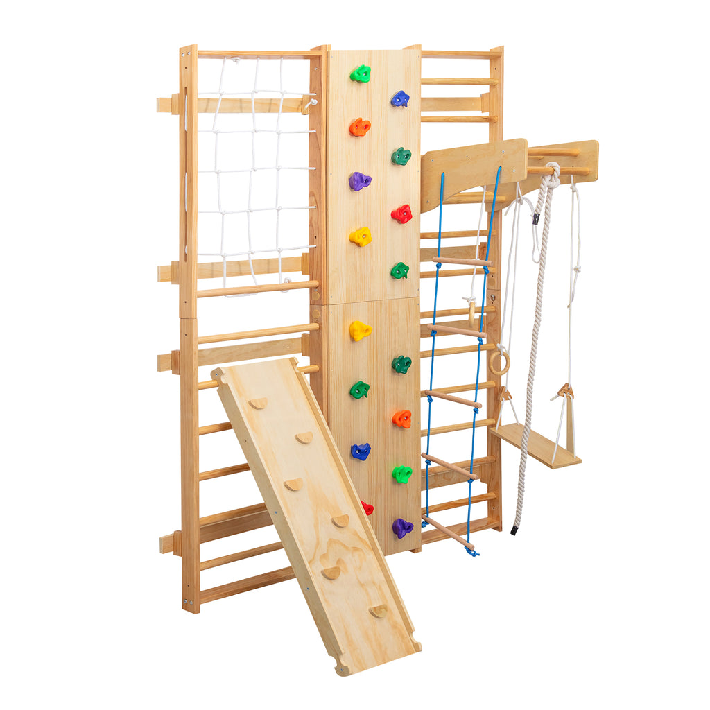 All-in-One 10-in-1 Indoor Climbing Set - Featuring a Rock Climbing Wall, Wooden Swings, Gymnastic Rings, Rope Ladders, and St