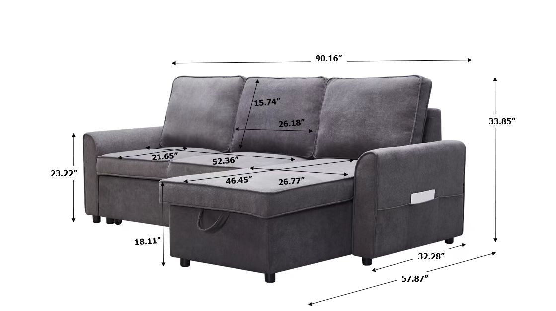 MGEA Modern modular L-shaped sofa bed with chaise longue, reversible sofa bed with pull-out bed and storage, 4-seat linen fabric convertible sofa for living room dark grey - Grand Goldman Shop