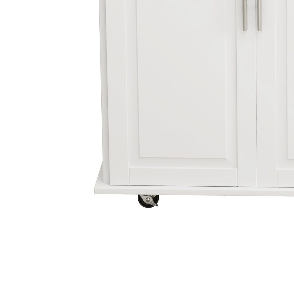 White Kitchen Island Cart with 2 Door Cabinet, 3 Drawers, Spice Rack & Towel Rack, Solid Wood Top, 43.31 Inch Width - Grand Goldman Shop