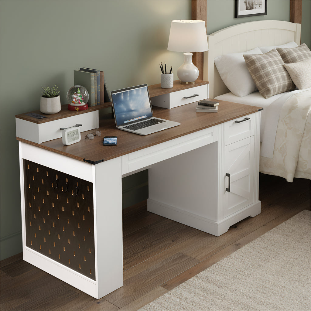 White Farmhouse Office Desk with Storage Cabinet, Charging Station, Monitor Stand & Pegboard, 55' Computer Writing Desk with 