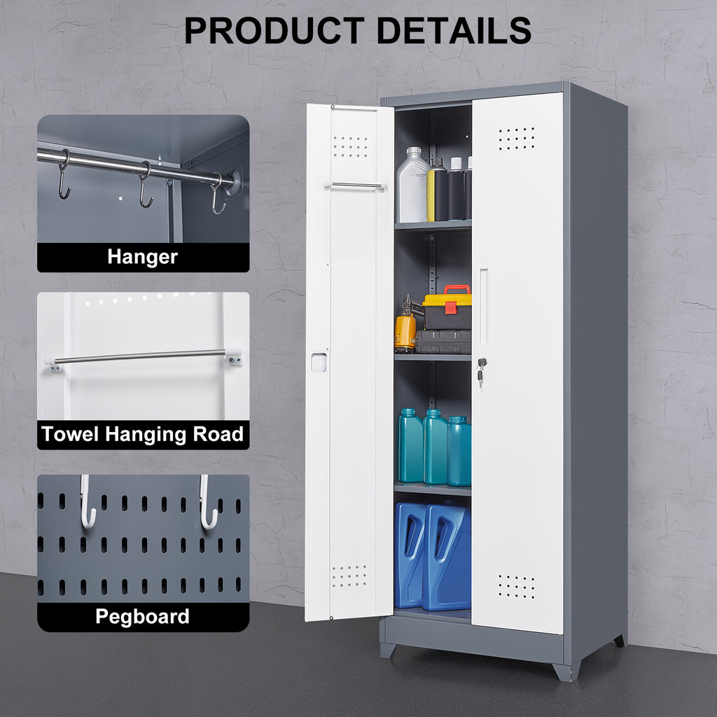 Heavy Duty Grey Metal Storage Cabinet with Locking Doors, Hanging Rod & Shelves, 65' H Broom Closet for Garage or Basement - 